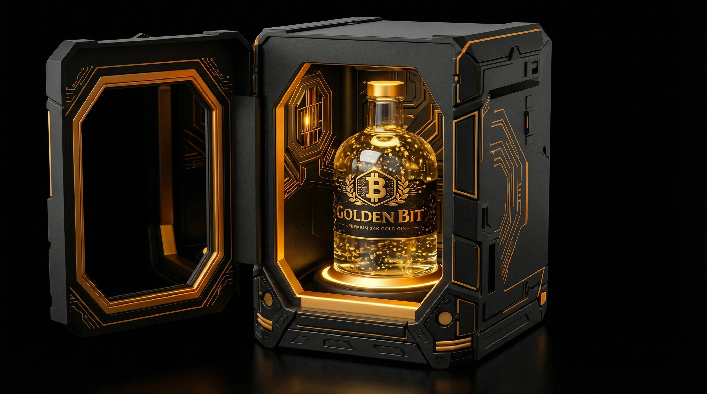 GoldenBit open vault box revealing the premium gin bottle